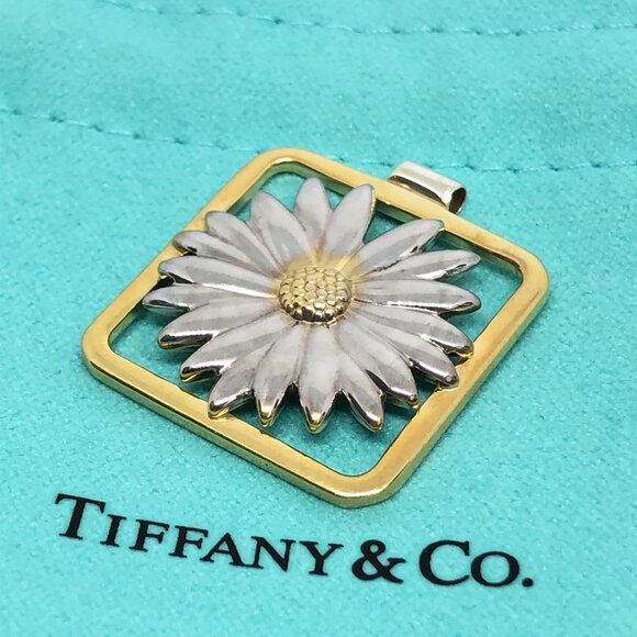 Tiffany & CO Two Tone 18k Gold Sterling Silver 925 Daisy Square Frame Pendant